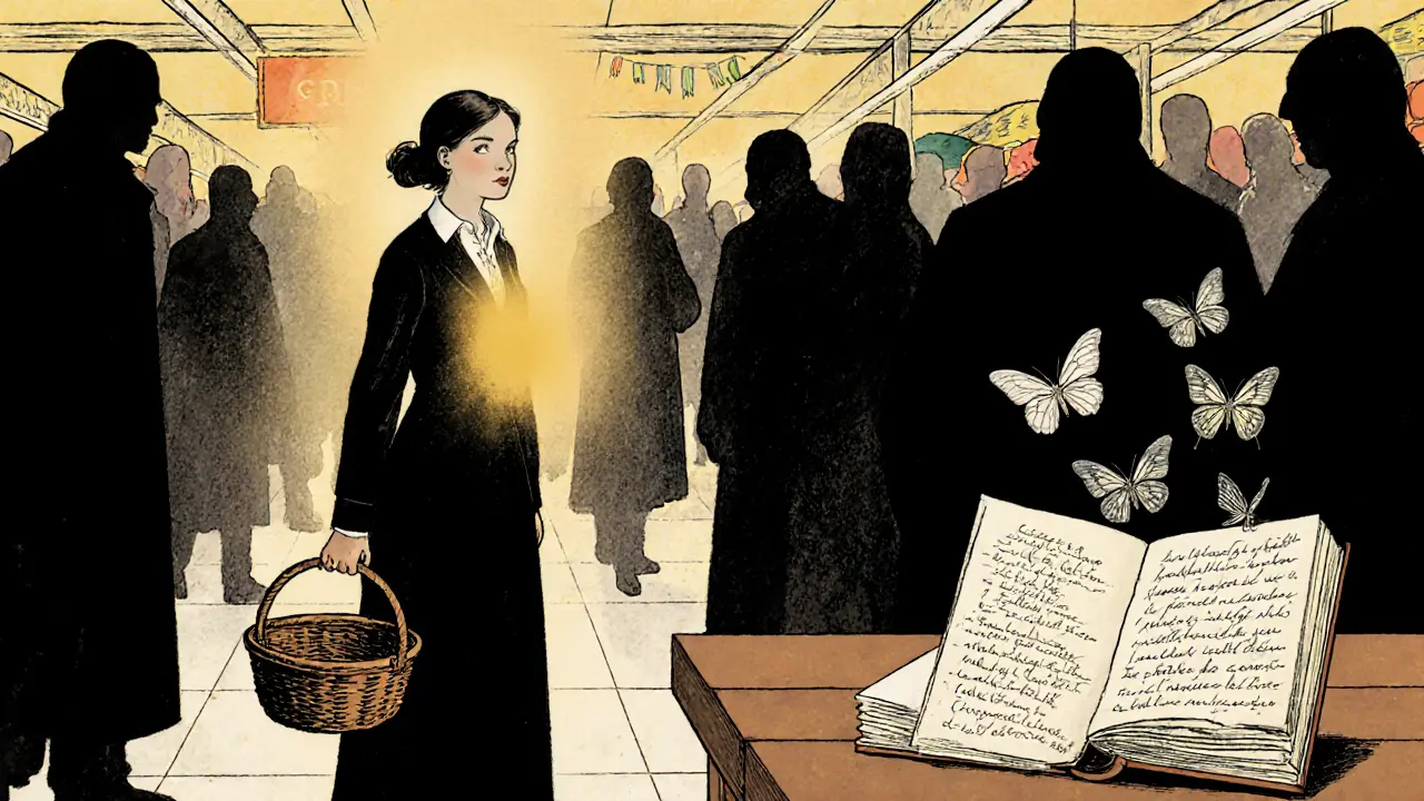 Žena v supermarketu, stínové postavy se rozpouštějí, získává klid a svobodu.