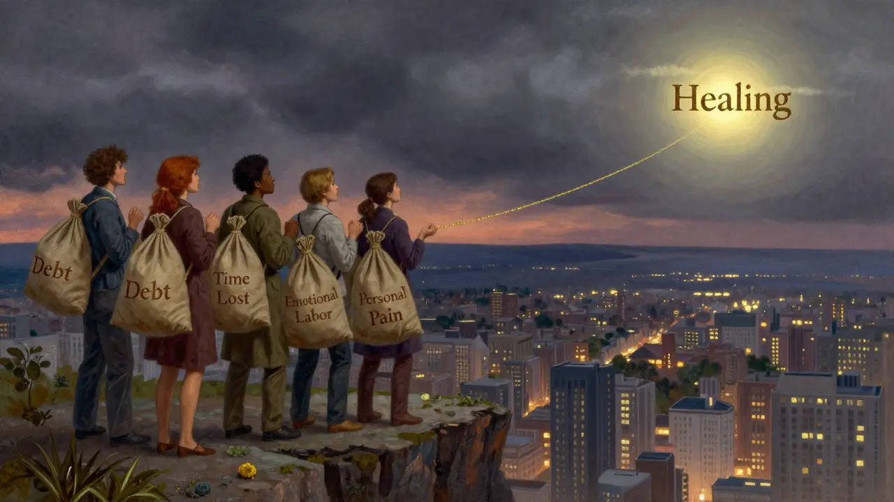 Aspiranti na terapeuty stojí na skále s těžkými pytli, z nichž vede zlatá nit k světlu.