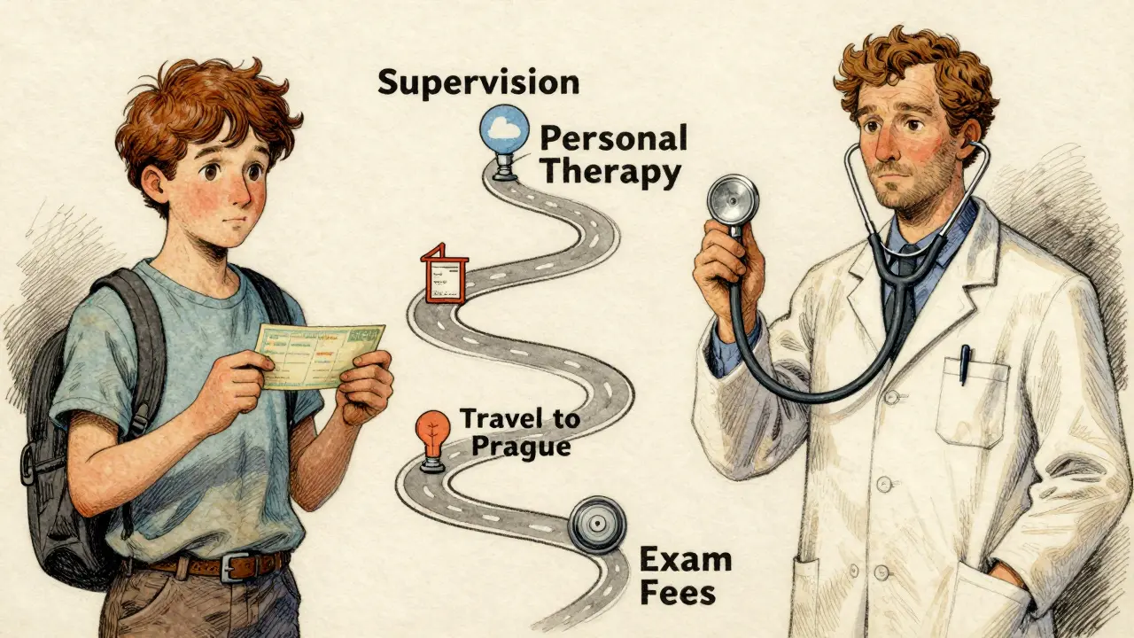 Cesta psychoterapeuta od pracovníka k odborníku, znázorněná jako cesta s kroky vzdělávání.
