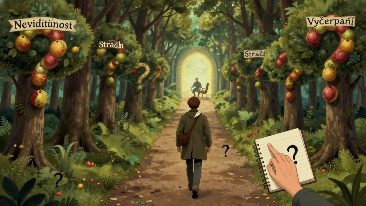 Cestovatel jde lesní cestou mezi stromy tvaru otazníků, nesoucí se sebou se zápisníkem.