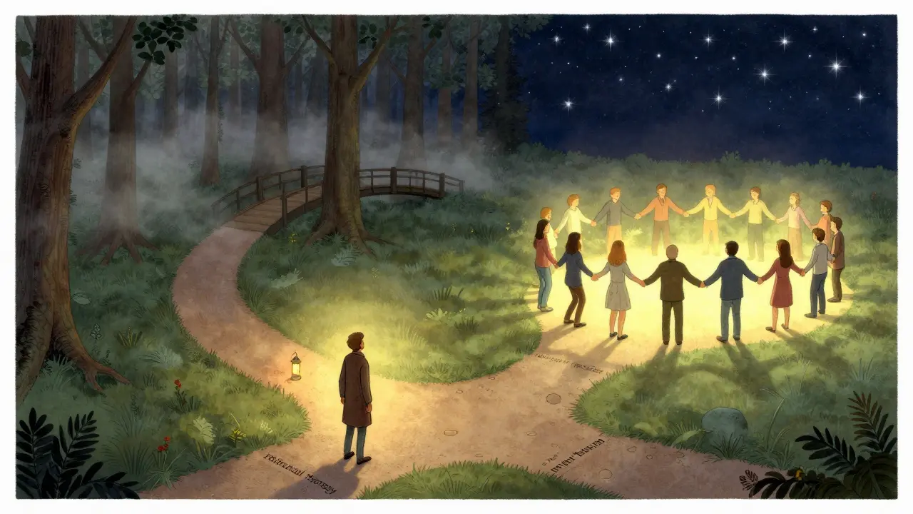 Člověk stojí na rozcestí mezi individuální a skupinovou terapií, cesta se spojuje v jednu.