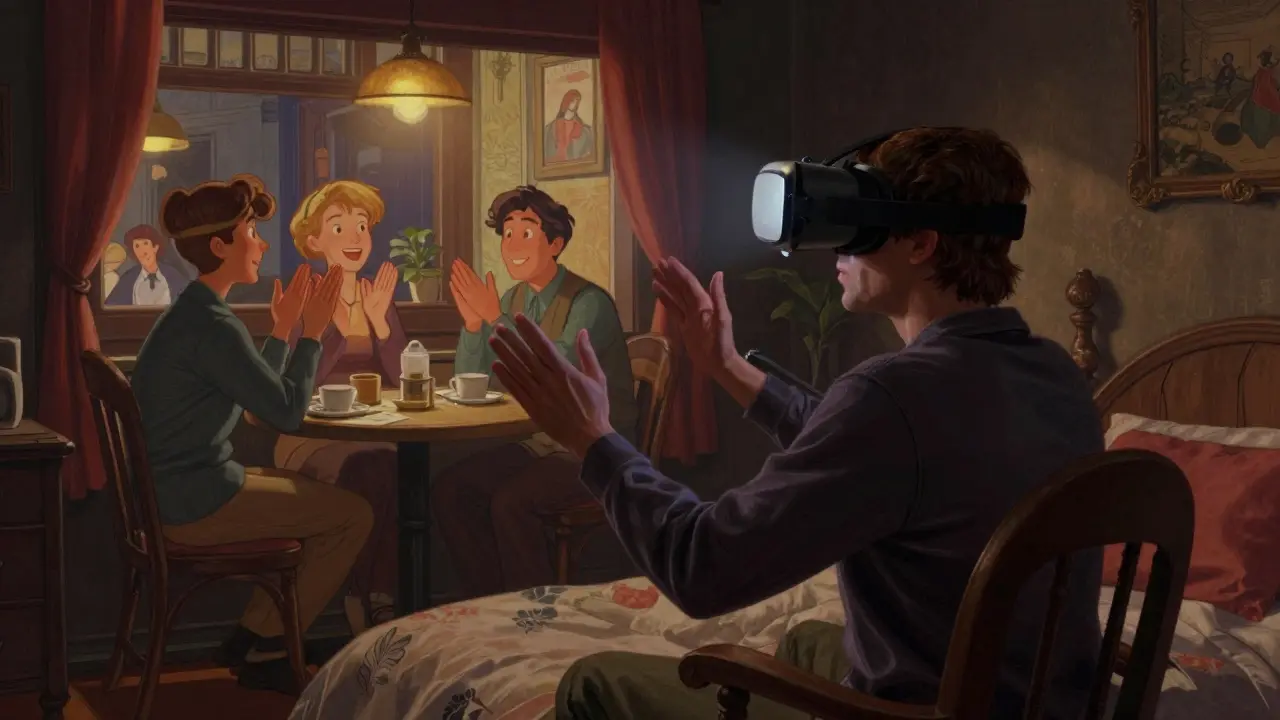 Člověk v headsetu prožívá virtuální kavárnu jako bezpečný prostor pro terapii.