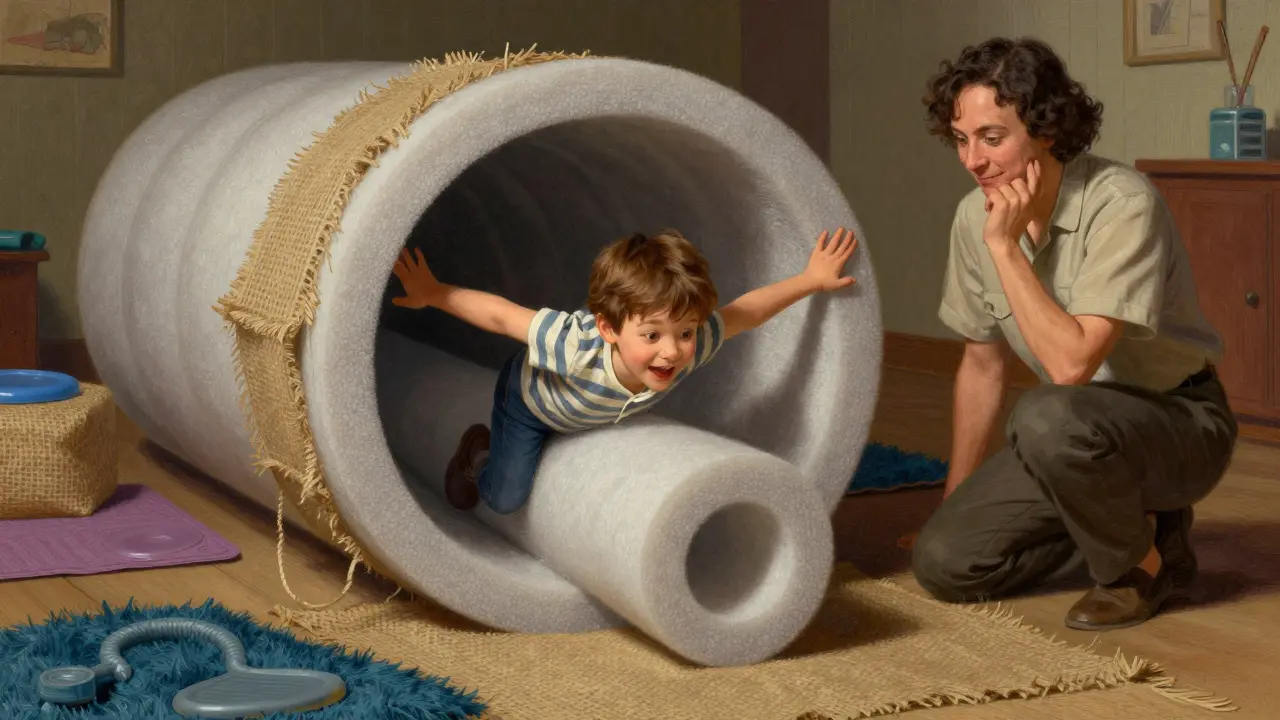 Dítě se převaluje přes pěnové válce v terapeutickém prostředí s terapeutem.