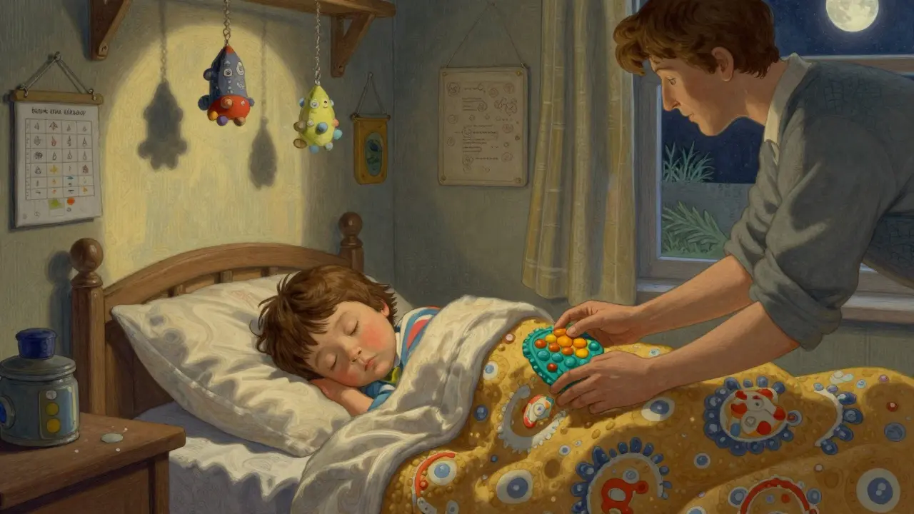 Dítě spí pod těžkou dekou, v místnosti s jemnými senzorickými prvky v měsíčním světle.