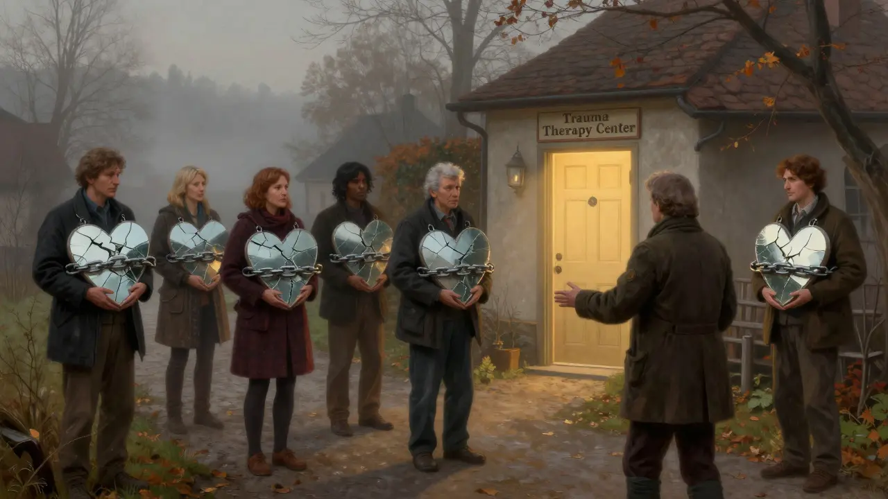 Dospělí na cestě k léčbě, nesoucí neviditelné zátěže, směřují k dveřím terapie.