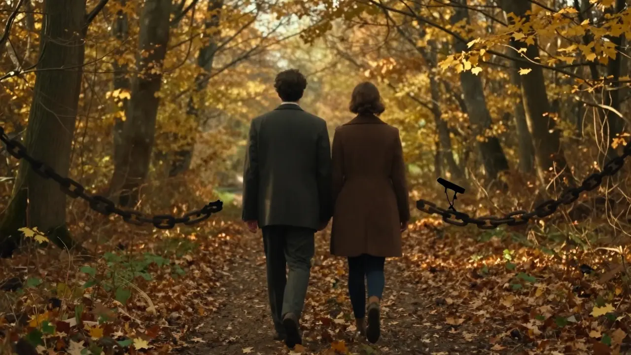 Dva lidé jdou po lesní cestě při západu slunce, jejich těla se jemně dotýkají, symbolizují obnovu důvěry akcemi.