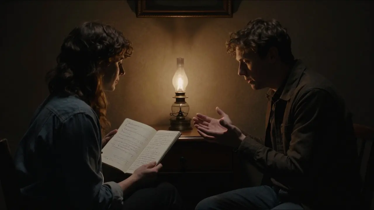 Dva lidé se vzájemně dotýkají očima při odkrývání pravdy, osvětlení z jediné lampy zdůrazňuje upřímnost.