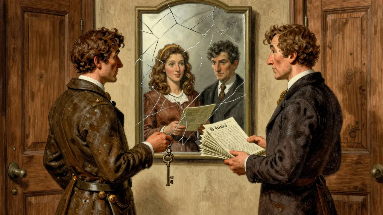 Dva lidé stojí u dveří, jeden s klíčem, druhý s finančními dokumenty, za nimi zrcadlo s dvěma životy.