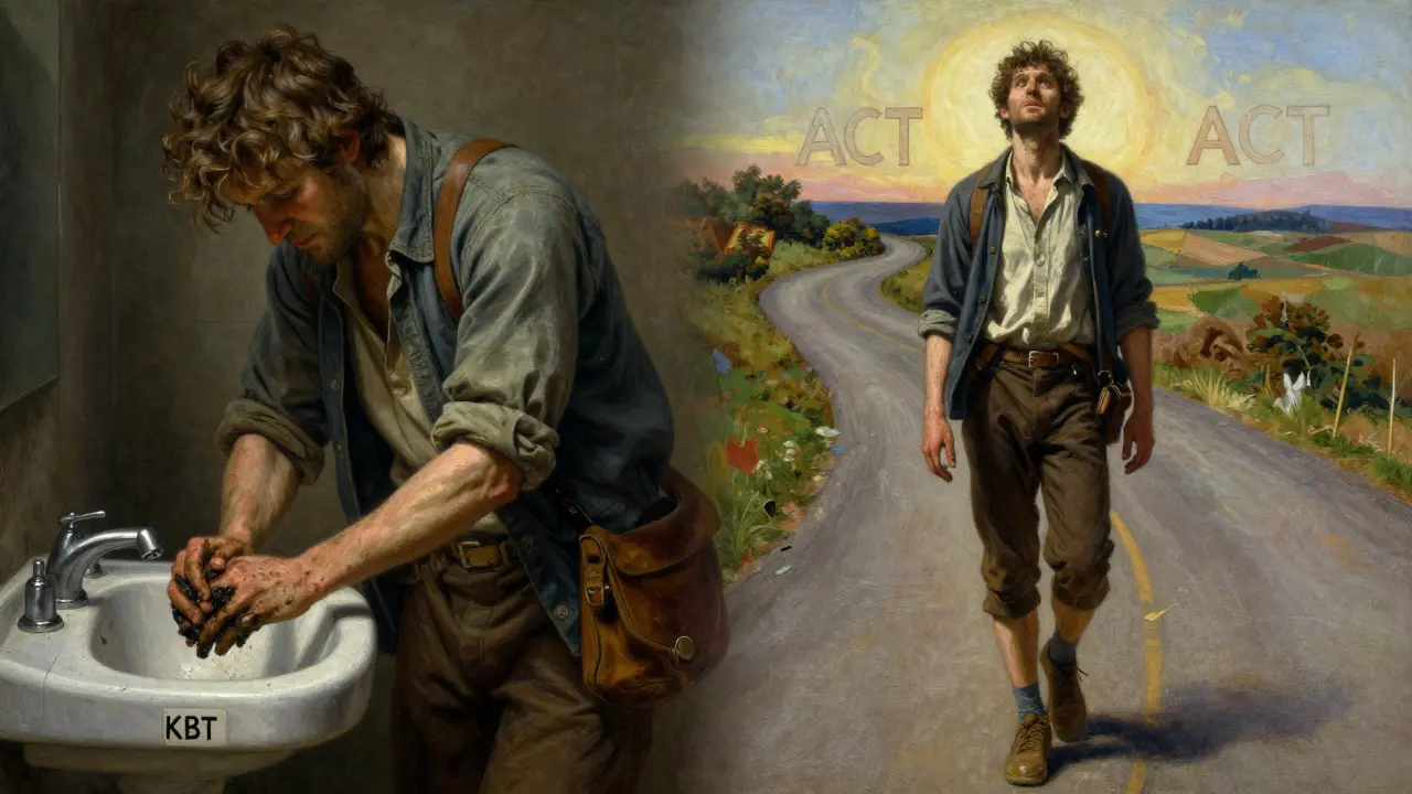 Dva scénáře: jeden s čištěním rukou, druhý s chůzí s špinavými rukama — porovnání KBT a ACT.