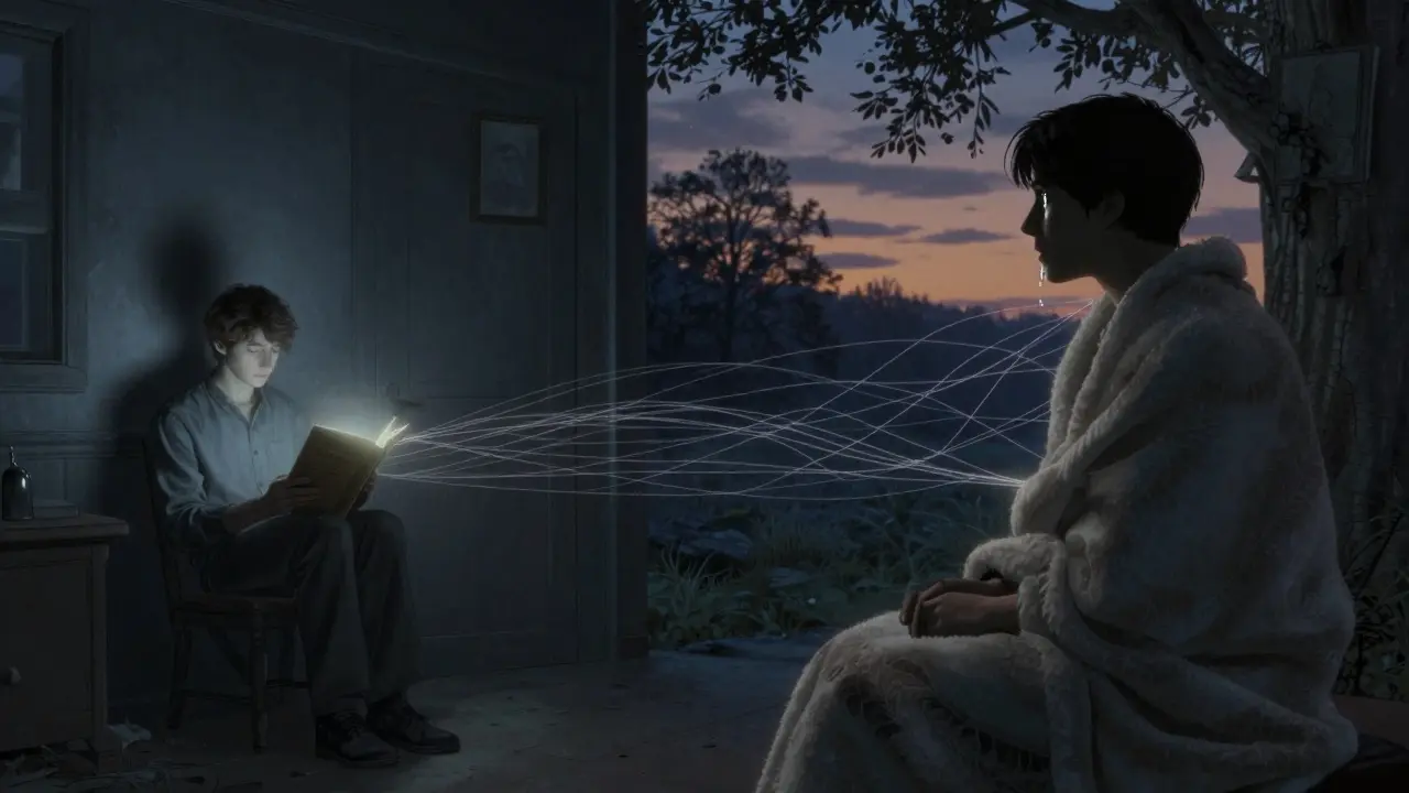 Dva scény: osamělý člověk s knihou technik vs. stejný člověk v klidu s terapeutem pod stromem.