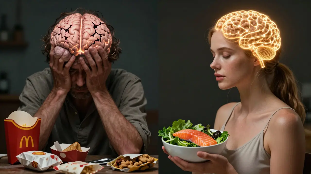 Dvě postavy: jedna se zářivým mozkem jí ryby a zeleninu, druhá s poškozeným mozkem okolo rychlého jídla.