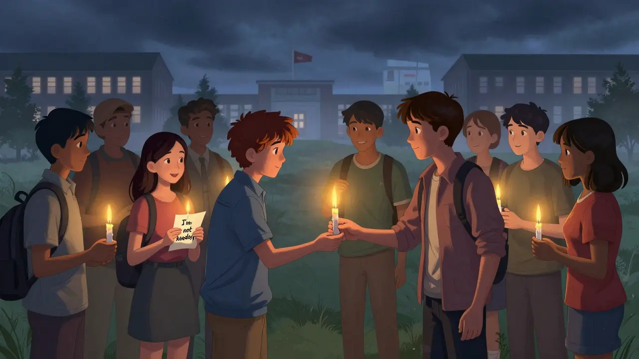 Group of teens and adults in circle holding candles, one passing light to girl with note.