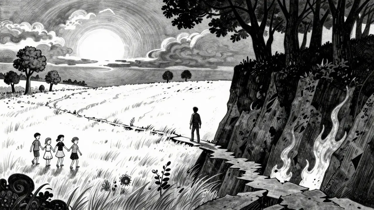 Jedna postava kráčí úzkou cestou mezi světlou a temnou krajinou v ilustračním stylu.