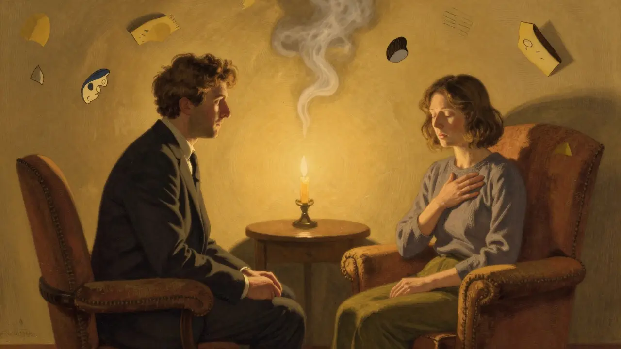 Klient sedí v klidu s terapeutem, zatímco vnitřní emoce plují jako kouř.