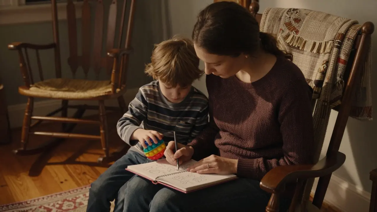 Matka a dítě spolu v klidné místnosti používají senzorickou kouli a zaznamenávají vzory chování.