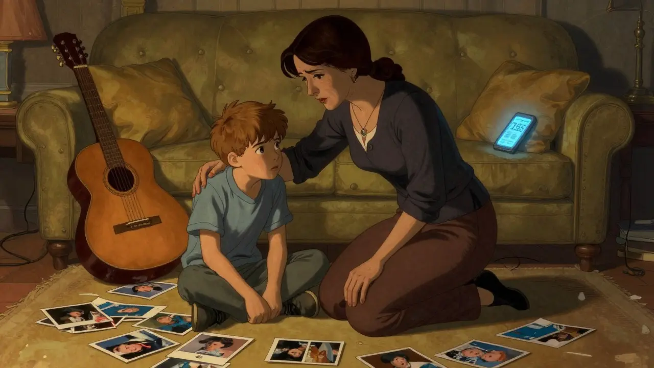 Mother kneeling beside son on floor, surrounded by photos and broken guitar, soft lamplight.
