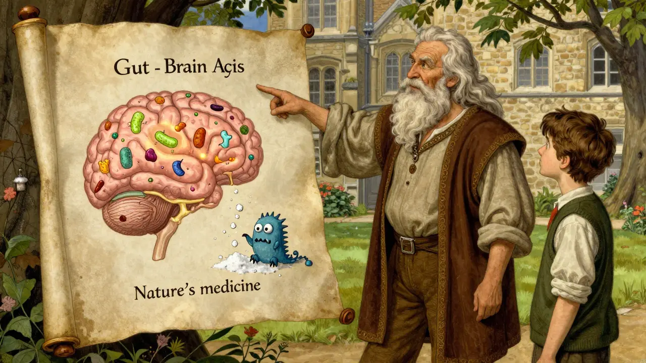 Moudrý starší muž ukazuje na plátno s probiotiky proudícími do mozku, zatímco cukrové monstry mizí.