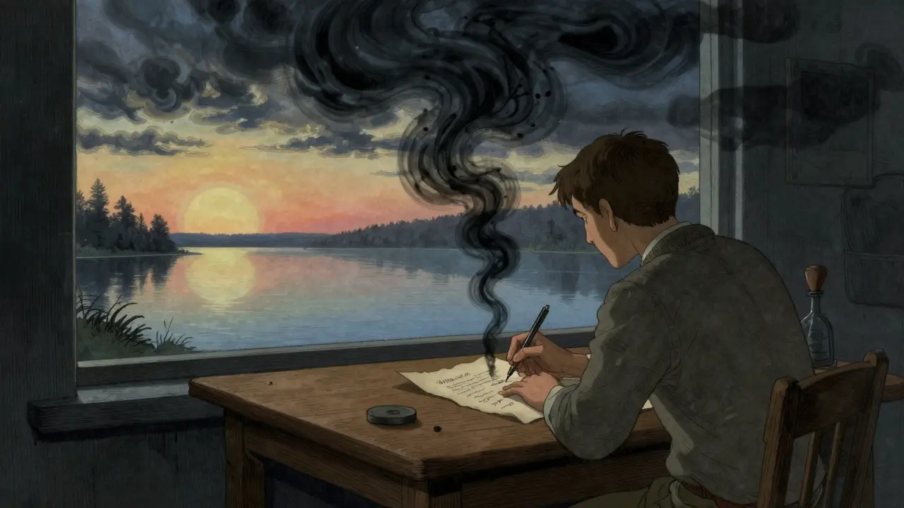 Muž píše na papír večer, z jeho myšlenek se vznášejí tmavé kouře, ale za oknem už svítí ráno.