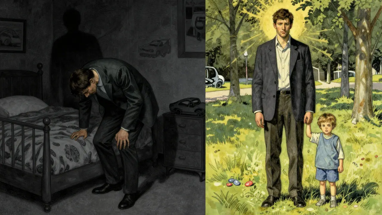 Muž v temné místnosti s nočními můrami a stejný muž později v slunečném parku, symbolizující přeměnu.