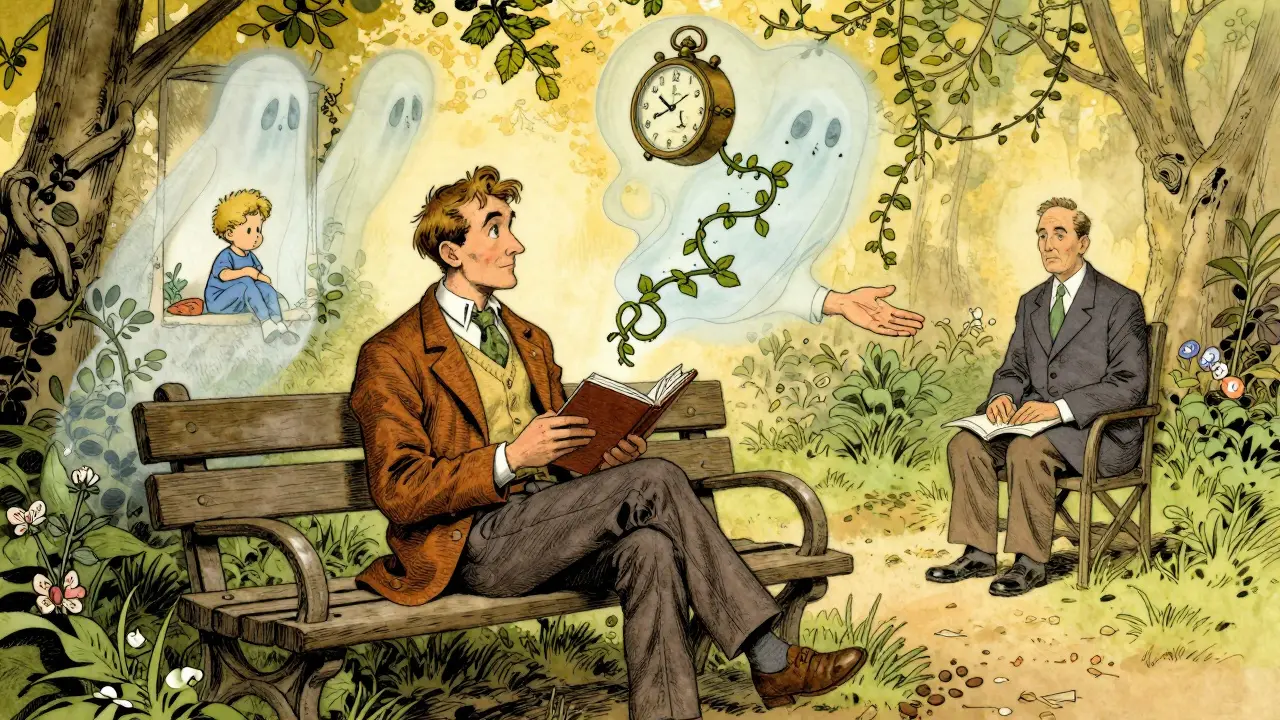 Muž v zahradě s paměťovými obrazy plujícími kolem něj, terapeut za ním.