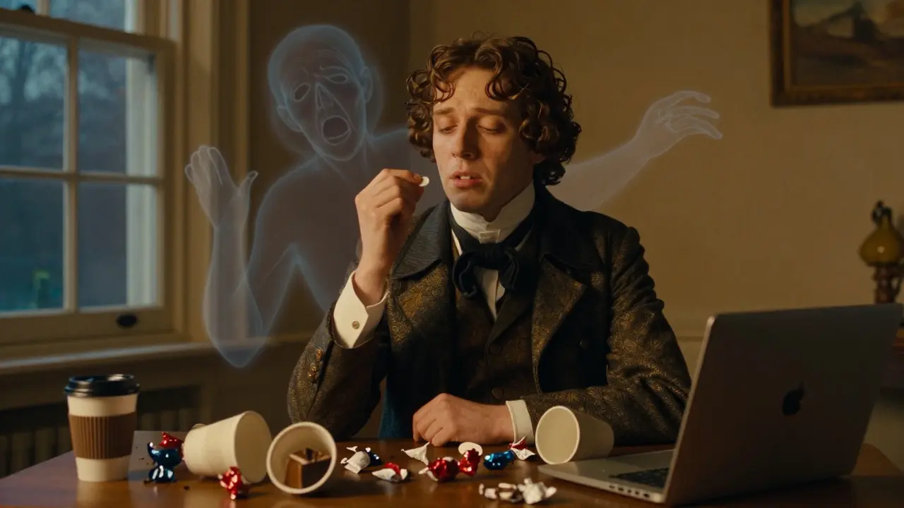 Osoba dýchá čtvercově a drží tabletu hořčíku, kolem ní zbytky kávy a čokolády, strach se rozptýlí.