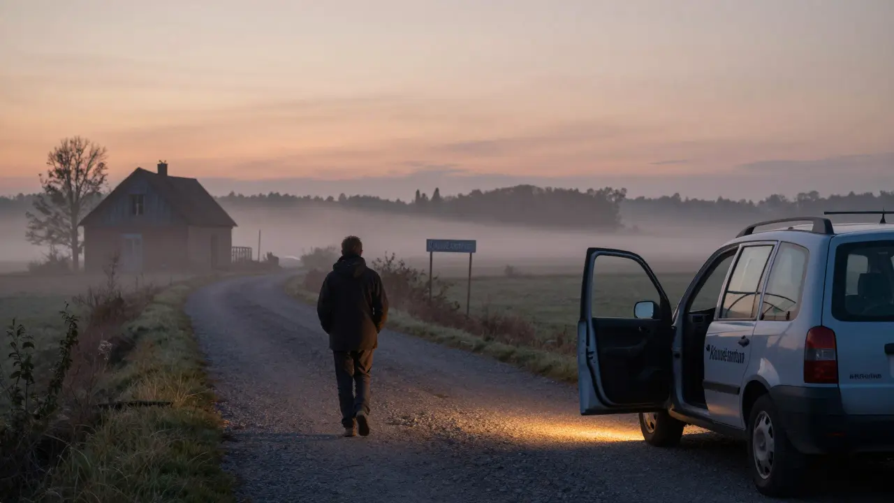 Osoba jde po mlhavé silnici k centru pro pomoc, za ní zaniká domov, vpředu čeká auto s nadějí.
