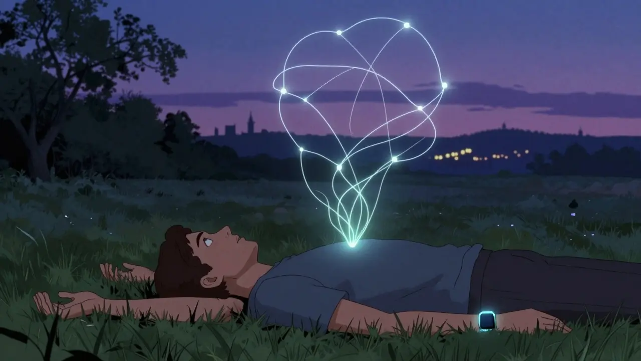 Osoba leží na trávě při západu slunce, spojena s půdou světelnými vlákny smyslů.