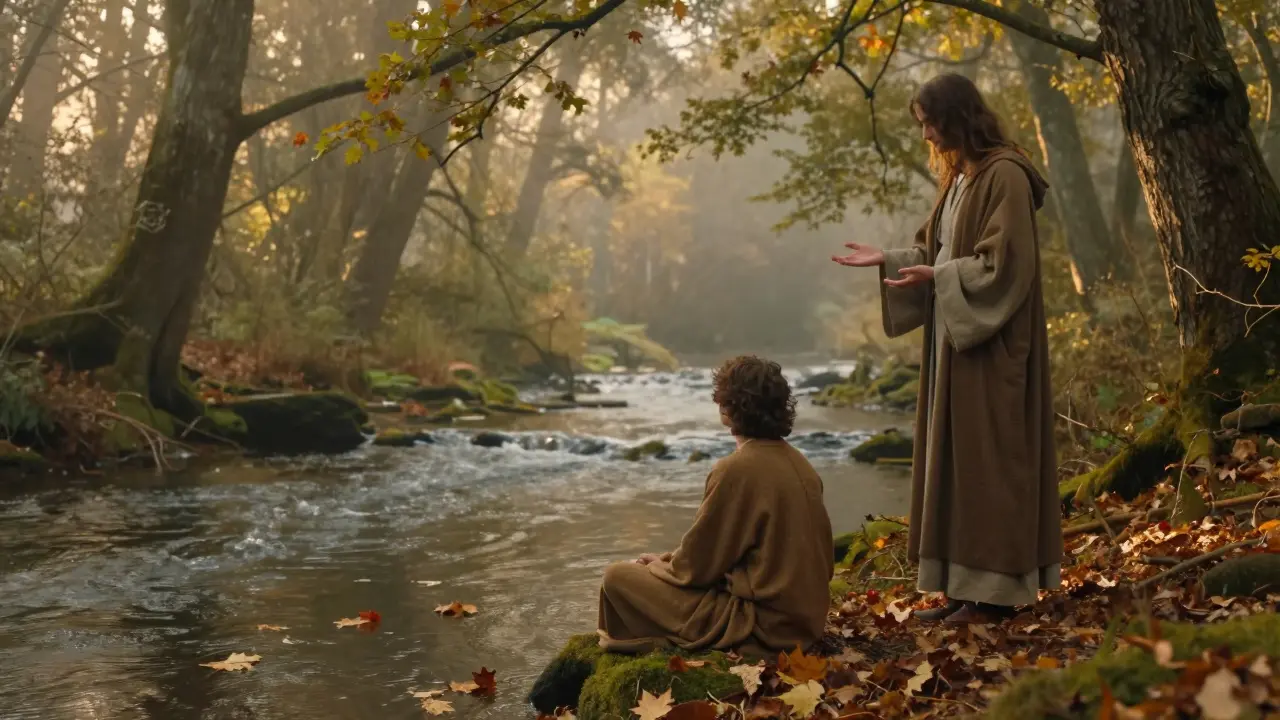 Osoba medituje u řeky, kde myšlenky plavou jako listy, znázorňující akceptační a závazkovou terapii.