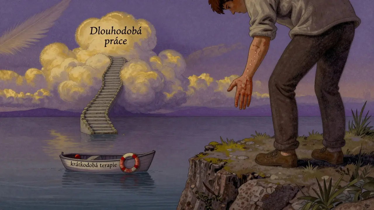 Osoba na skále s loďkou níže a schodištěm do oblaků, symbolizujícím hlubokou práci.