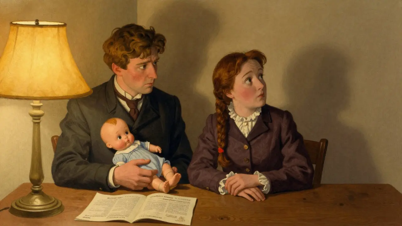 Pár sedí u stolu, jeden drží panenku, druhý se dívá pryč, vedle nich papír o adopci.