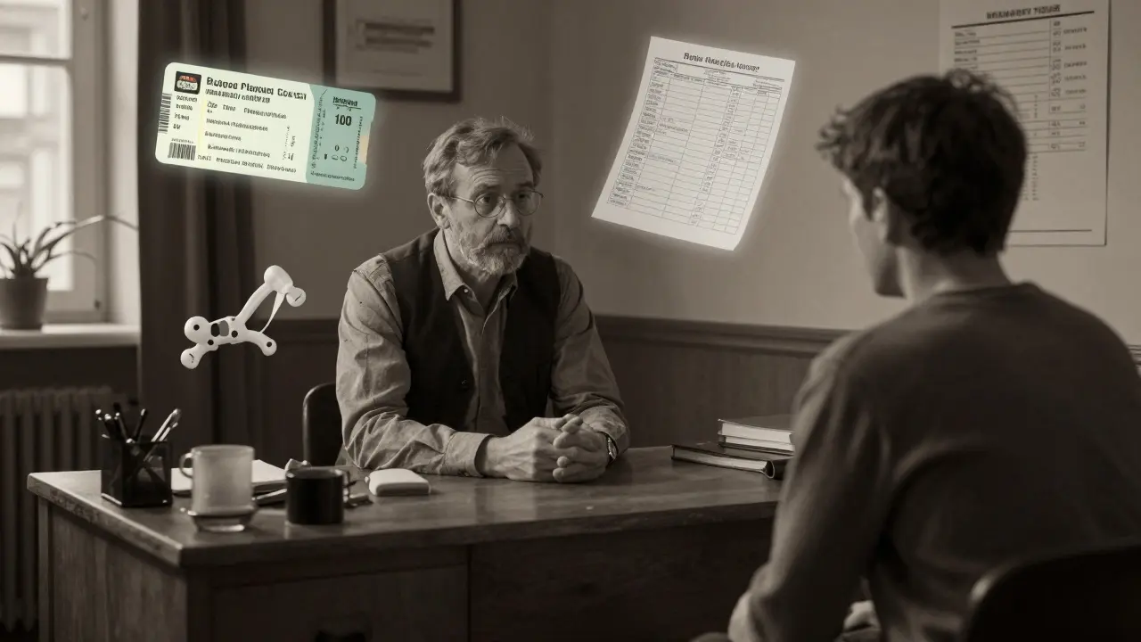 Psychoterapeut naslouchá klientovi, kolem nich se objevují symboly nákladů vzdělávání.