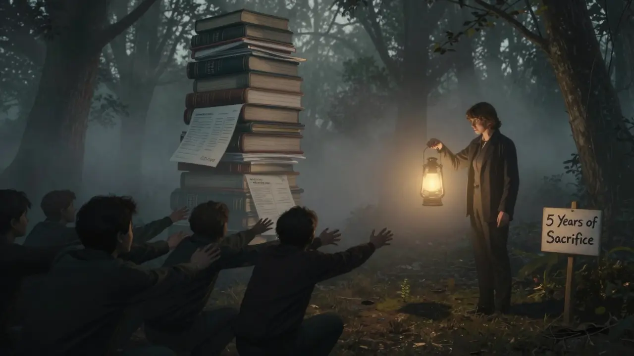 Psychoterapeut stojí v lese s lampou, k němu se táhne skupina lidí v stínu.