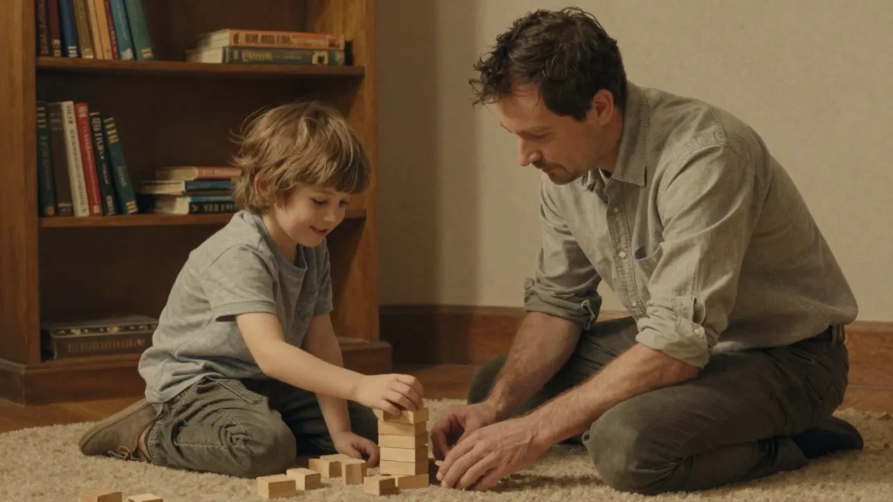 Rodič a dítě hrají s dřevěnými krychlemi, terapeut je sleduje.