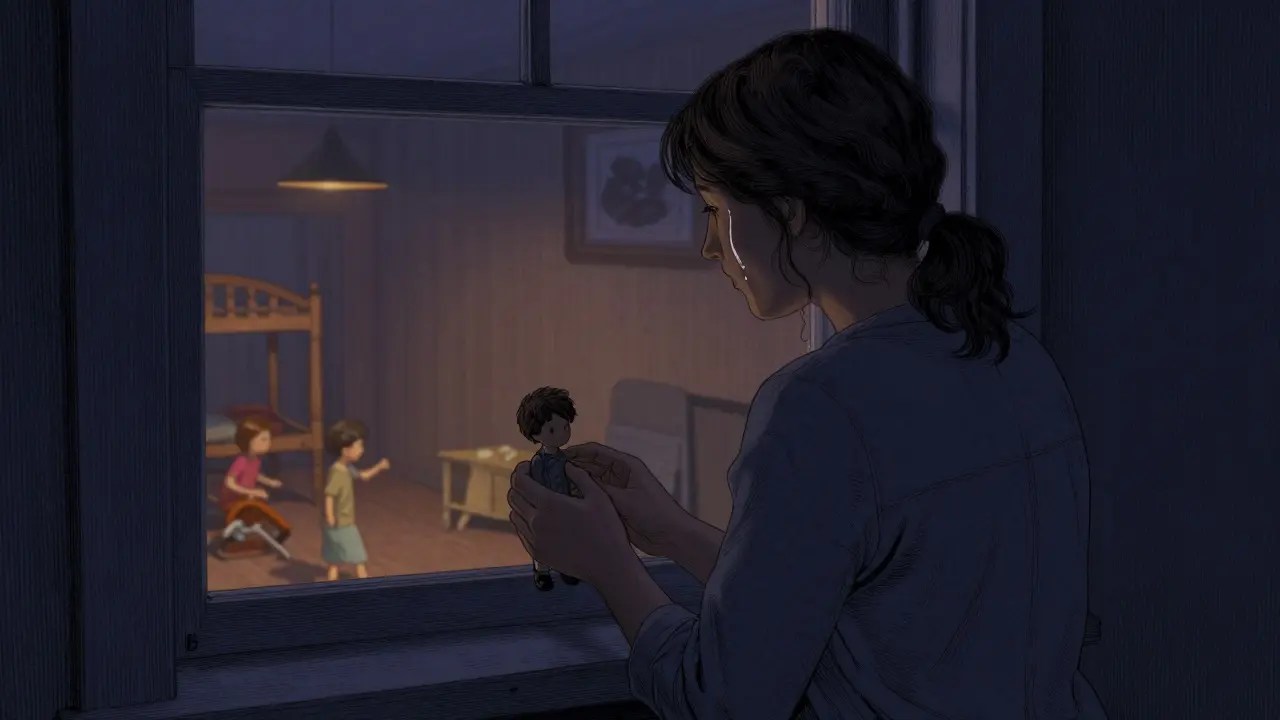 Rodič stojí u okna s hračkou, v odrazu vidět dítě, které hraje.