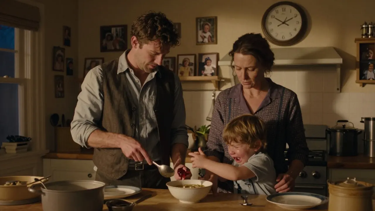 Rodiče drží lžíce, zatímco dítě odmítá jídlo v kuchyni, osvětleno teplým světlem.