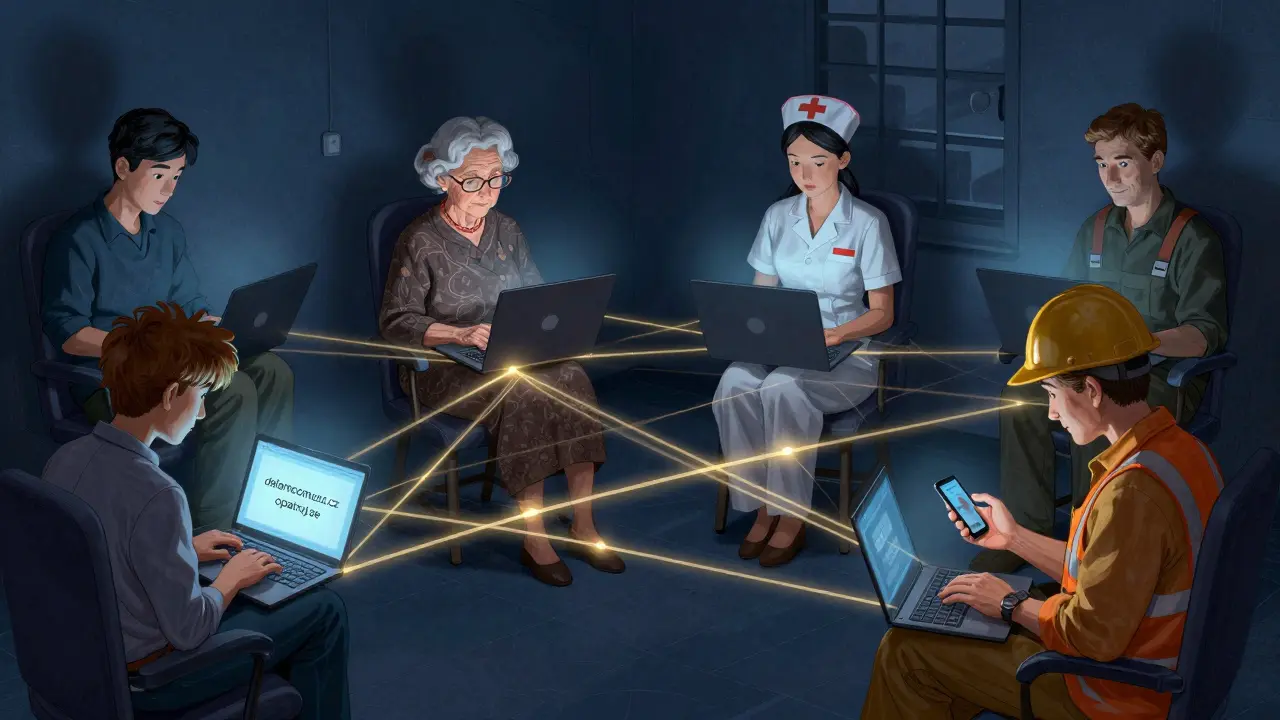 Různí lidé v noci používají počítače a telefony pro online podporu duševního zdraví.