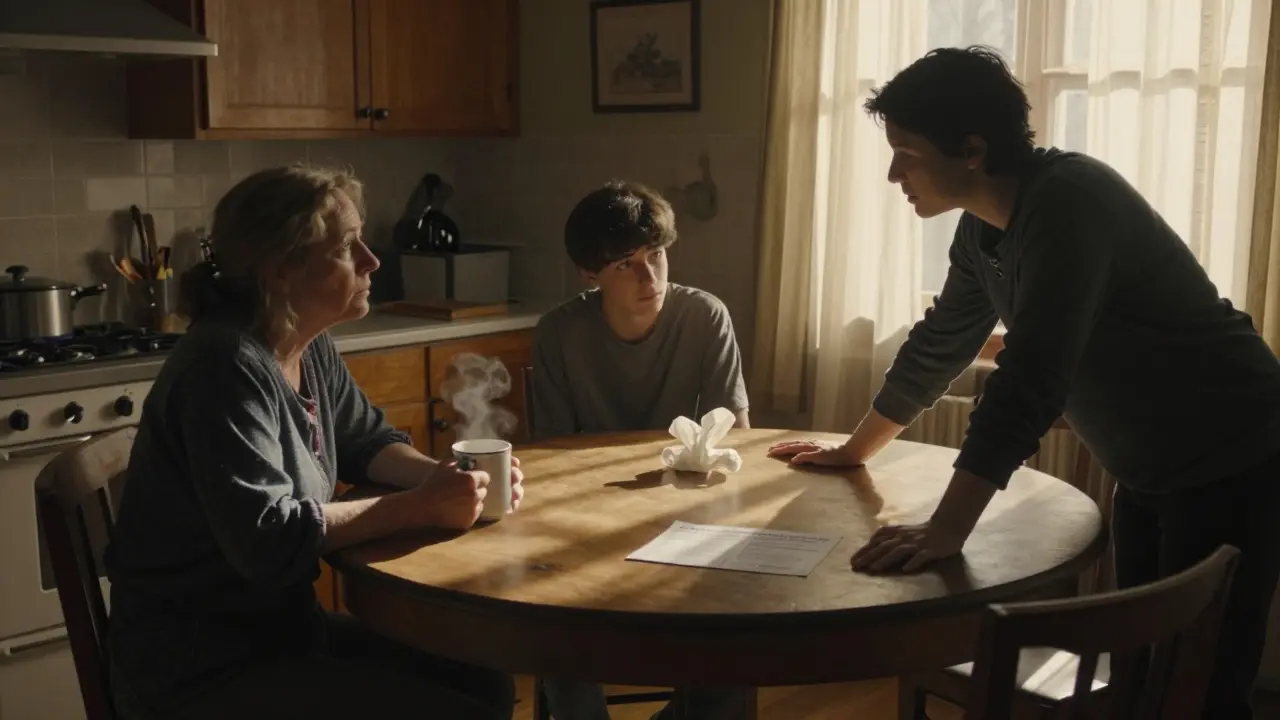 Skupina lidí u kuchyňského stolu v ranním světle, krizový pracovník klidně podává podporu bez slov.