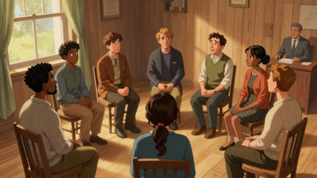 Skupina lidí v kruhu se navzájem poslouchá, jejich tváře vyjadřují empatii a spojení.