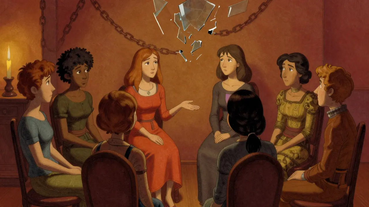 Skupina lidí v kruhu se opatrně blíží k sobě, jedna žena protahuje ruku.