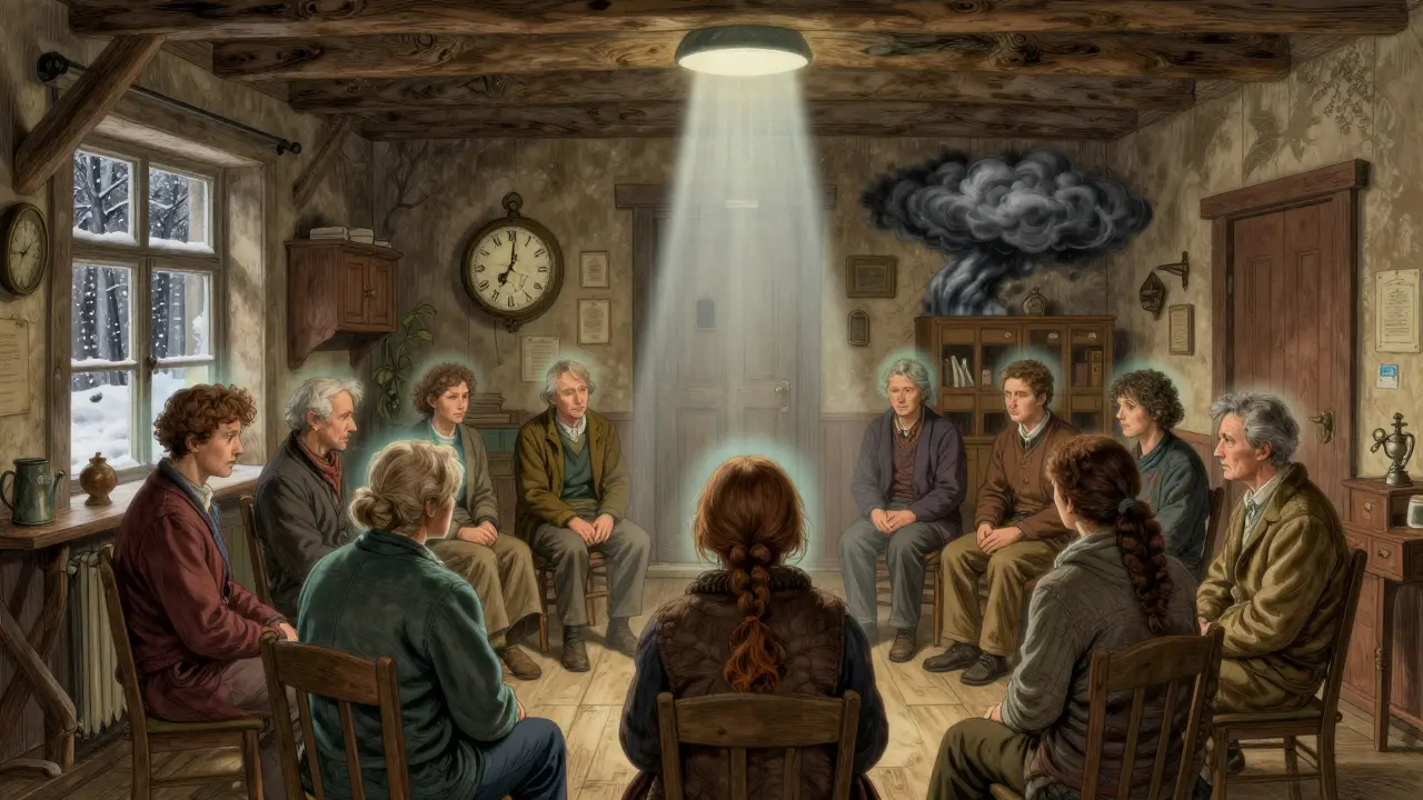 Skupina pacientů v české klinice s průzračnými symboly jejich traumatu, osvětlených jedním paprskem jasnosti.