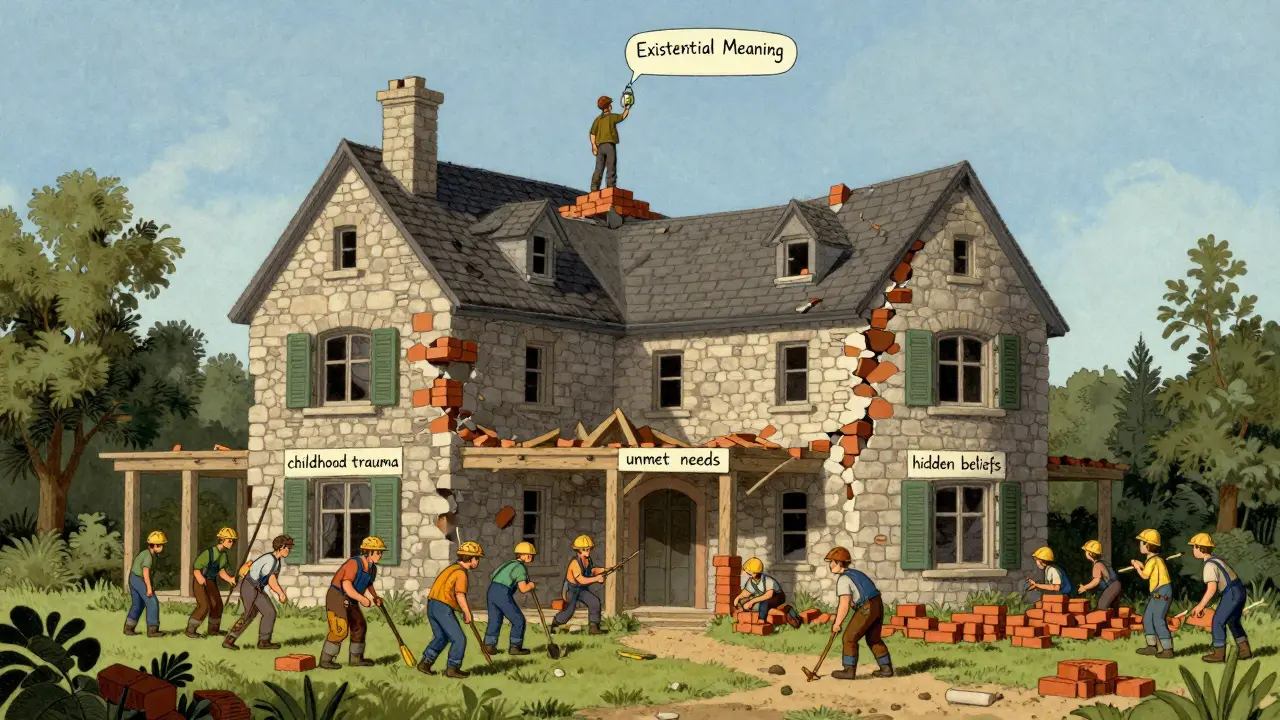 Stara budova je obnovována základem, symbolizující hloubkovou psychoterapii.