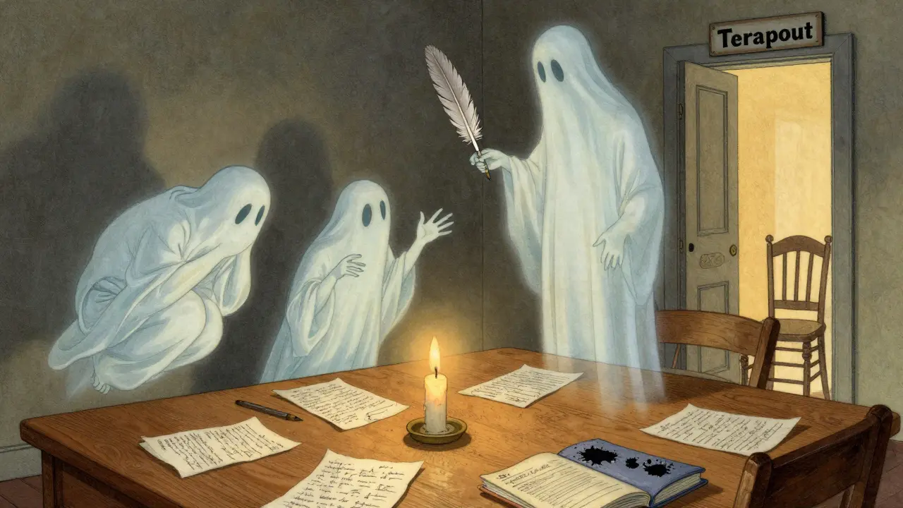 Stůl s poznámkami a třemi dušemi, které reprezentují opakující se vzory ve vztazích.