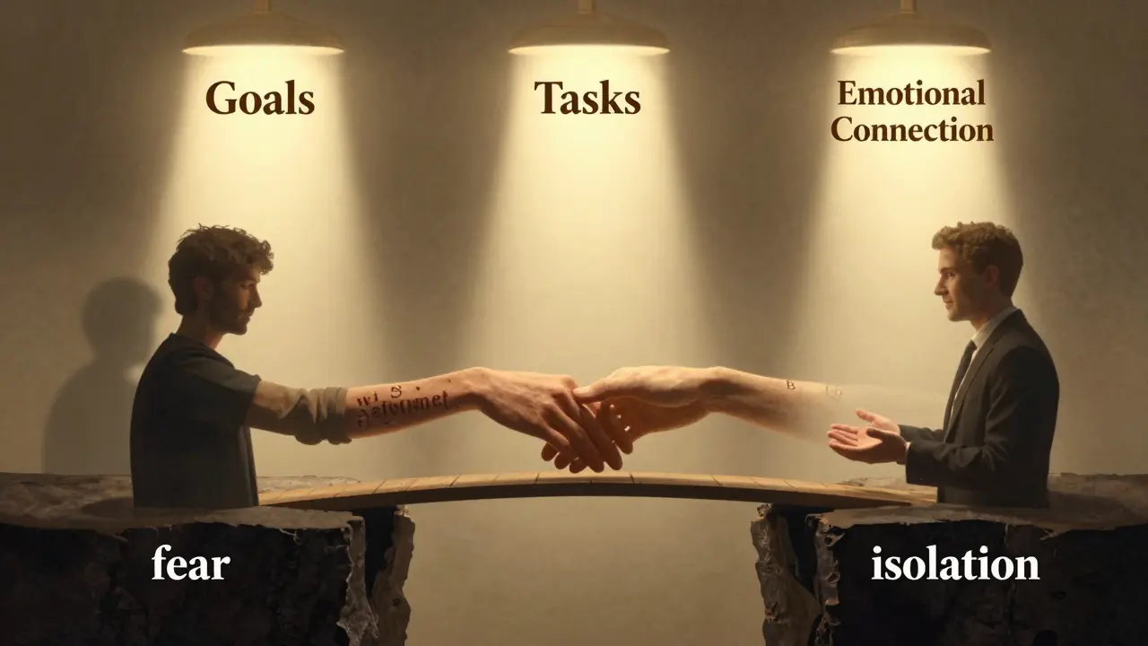 Symbolický most z rukou a slov spojuje klienta s terapeutem nad temnou propastí.