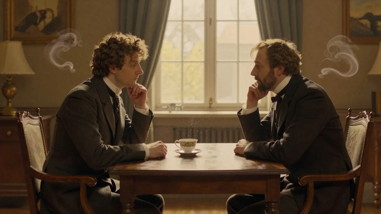 Terapeut a pacient sedí proti sobě v kanceláři, mezi nimi neotevřená šálek čaje.