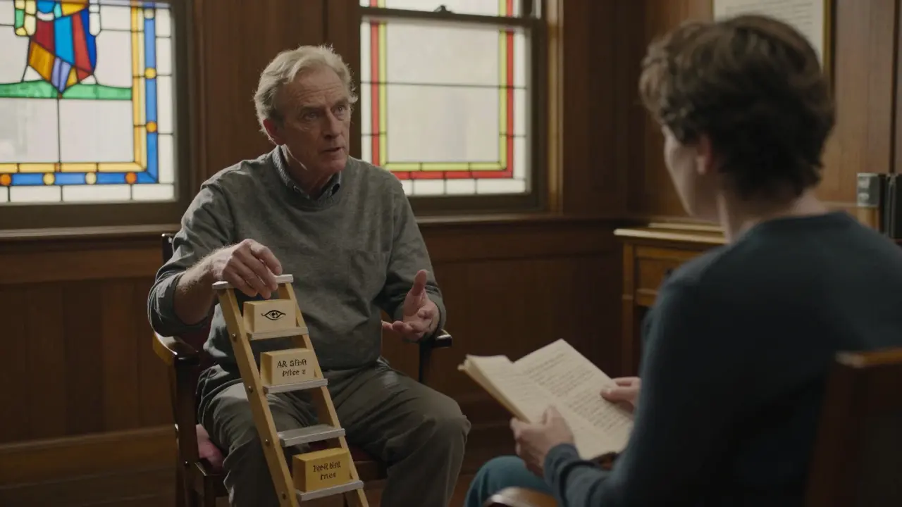 Terapeut a pacient spolu v kanceláři sledují kroky terapie na žebříku.