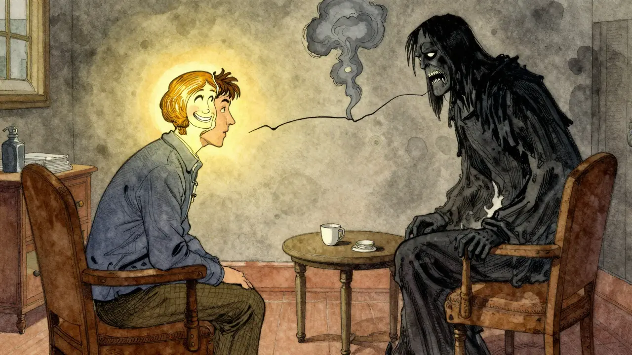 Terapeut a pacient v místnosti, kde se jejich myšlenky projevují jako dvě protichůdné postavy.