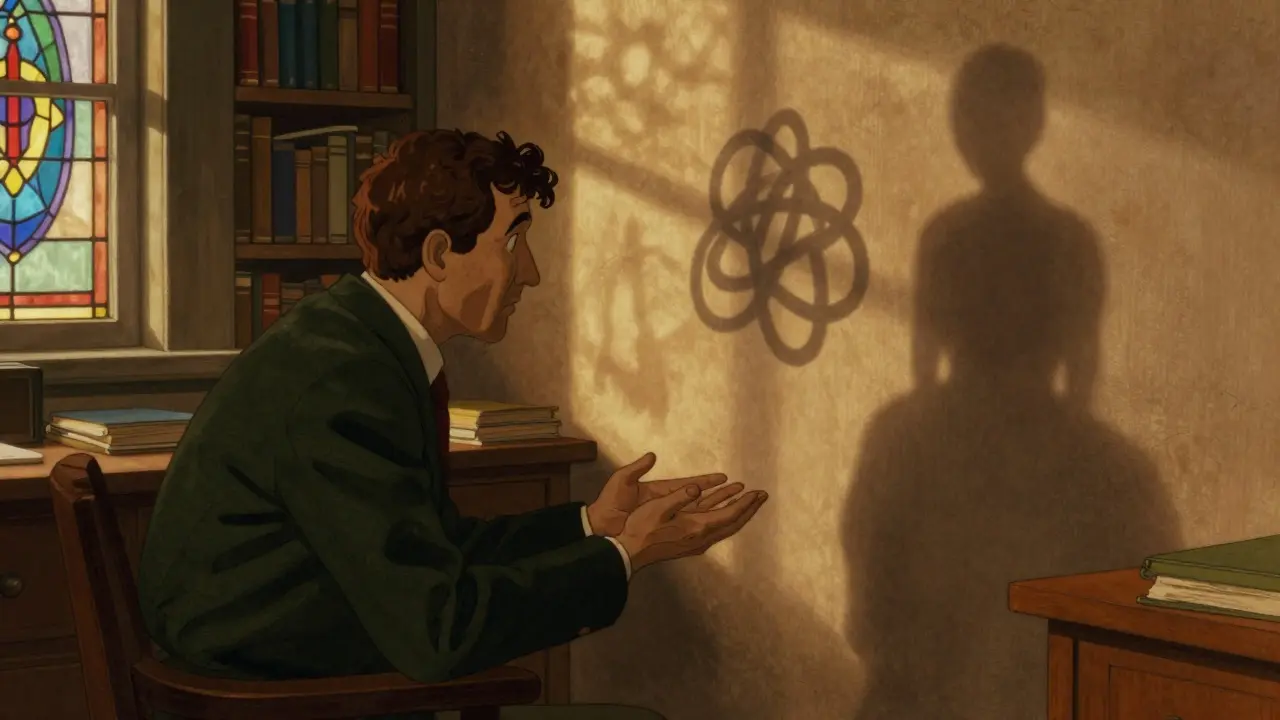 Terapeut naslouchá klientovi, jeho stín se mění z uzlu na klidnou postavu.