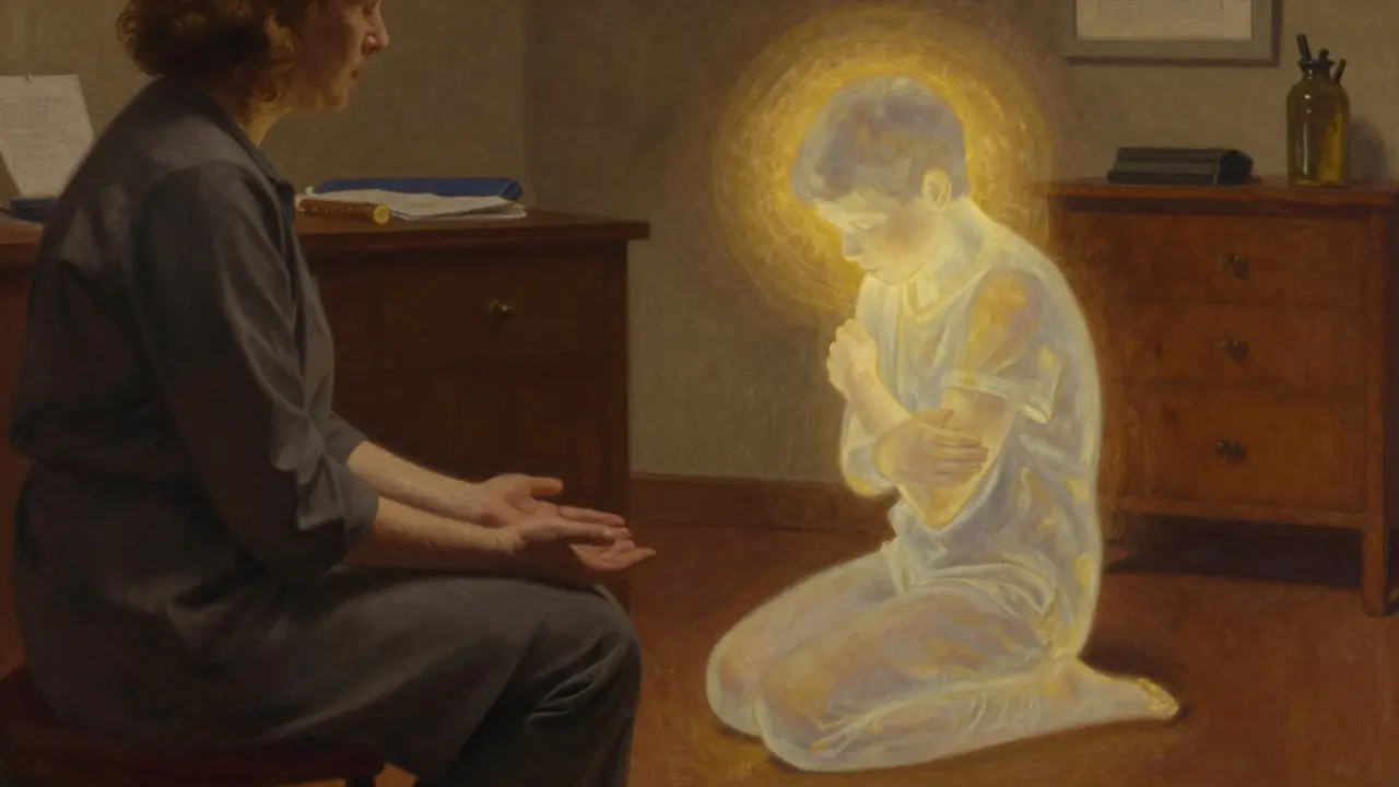 Terapeut osvětluje vnitřní dítě způsobem, který symbolizuje bezpečí a hojení.