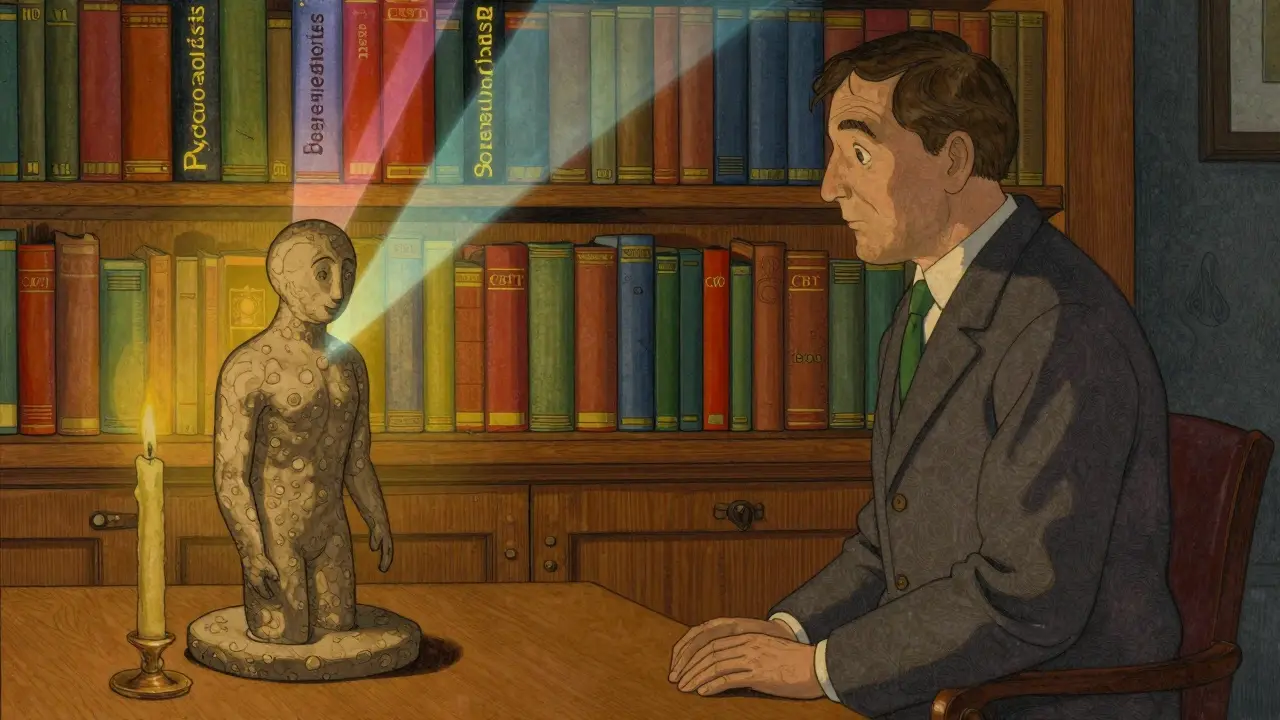 Terapeut stojí před knižní policií různých přístupů, z nichž proudí světlo do tvaru celistvé postavy.