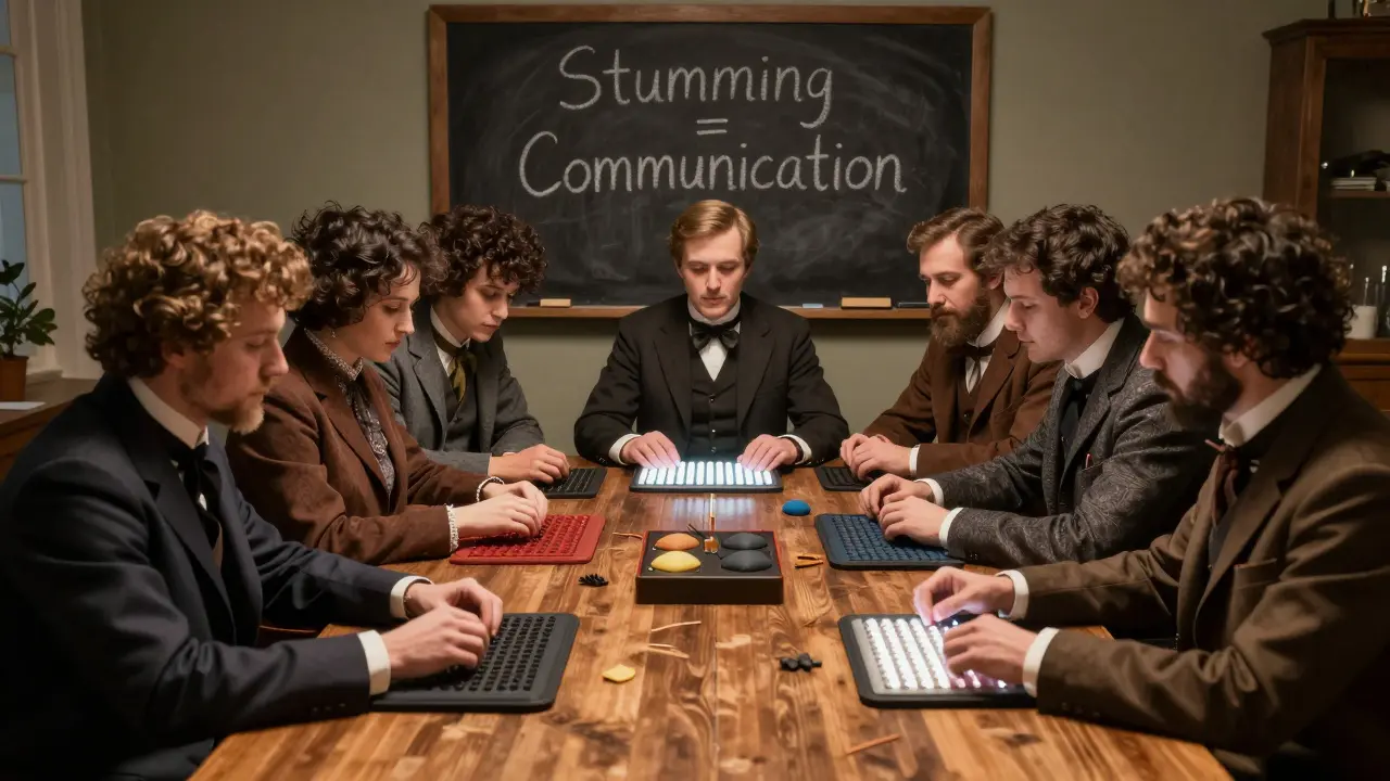 Terapeuti analyzují senzorické pomůcky u stolu, na tabuli je napsáno 'Stimming = Komunikace'.